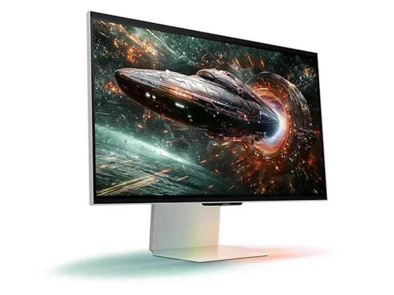 Auf dem Produktbild ist der Curved-Monitor von XYZ zu sehen, auf dessen Bildschirm eine farbenfrohe Science-Fiction-Szene mit einem Raumschiff vor einem leuchtenden, wirbelnden Weltraumportal zu sehen ist. Ideal für Gaming und Multimedia-Anwendungen.