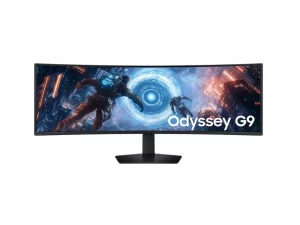 Der gebogene Samsung Odyssey G9 Gaming-Monitor auf einem schwarzen Standfuß zeigt ein Science-Fiction-Spiel mit Astronauten und einem leuchtenden Portal.