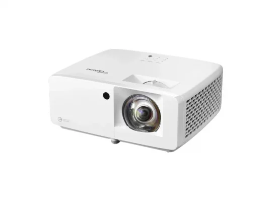 Weißer Epson-Beamer mit Frontlinse, seitlichen Lüftungsschlitzen und Bedientasten oben vor weißem Hintergrund.