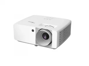 Weißer Epson-Beamer mit großem Frontobjektiv, seitlichen Lüftungsgittern und Bedientasten oben auf weißem Hintergrund.