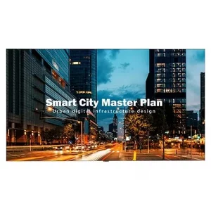 Smart City Master Plan – Produktbild: Das Bild zeigt eine Stadtansicht in der Dämmerung mit beleuchteten Gebäuden und verschwommenen Autolichtern. Der Text auf dem Bild lautet: „Smart City Master Plan: Urban digital infrastructure design“.