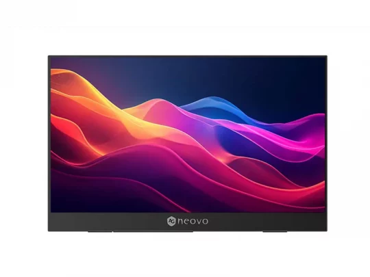 Der schwarze Neovo-Monitor zeigt bunte, wellenförmige Linien in Rot-, Orange-, Pink- und Lilatönen vor dunklem Hintergrund. Ideal für farbintensive Darstellungen auf dem Bildschirm.