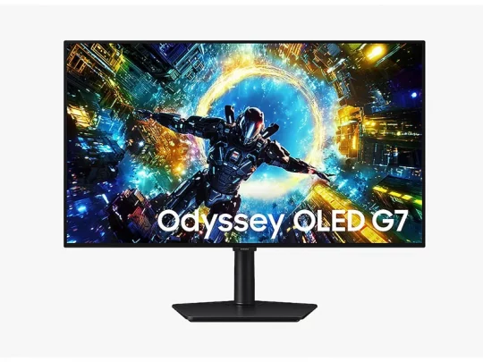 Der Samsung Odyssey OLED G7-Monitor zeigt lebendige Science-Fiction-Grafiken mit einem futuristischen Soldaten und einem leuchtenden Portal. Auf dem Bildschirm steht „Odyssey OLED G7“. Das Gerät verfügt über einen schmalen Rahmen und einen schlichten schwarzen Standfuß.
