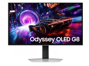 Der Samsung Odyssey OLED G8-Monitor zeigt auf seinem Bildschirm leuchtende, futuristische Grafiken mit einem Sportwagen, der in einen strahlenden Tunnel fährt. Auf dem Display ist der Produktname „Odyssey OLED G8“ zu sehen.