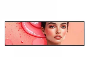 Produktbild des Make-up-Artikels: Ein rechteckiges Display zeigt das Gesicht einer Frau mit glatter Haut und farbenfrohem Make-up vor einem Hintergrund in Rosa- und Pfirsichtönen mit Farbspritzern. Ideal für Menschen, die hochwertige Kosmetik suchen.