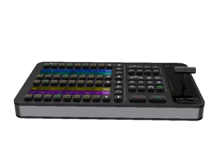 PIXELHUE U5 mini mit T-Bar: Kompakter Videoumschalter mit bunten Tasten, Drehreglern und T-Bar auf weißem Hintergrund.