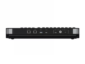 PIXELHUE U5 mini Event-Controller mit T-Bar in Schwarz, Rückansicht: Ethernet-, USB-, HDMI- und Stromanschlüsse, weißer Hintergrund.