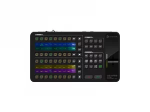 PIXELHUE U5 mini Event-Controller: rechteckiges Gerät mit bunten Tasten, beschrifteten Schiebereglern, Display und T-Bar.