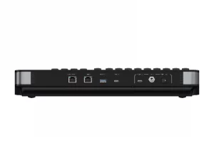 PIXELHUE U5 mini Fader Event-Controller – Rückansicht mit 2 Ethernet-Anschlüssen, USB, USB-C, Stromanschluss und Power-Taste in Weiß.