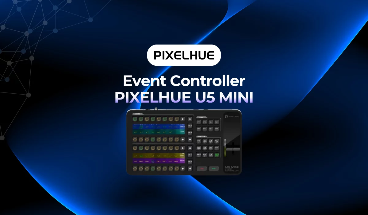 Das Produktbild zeigt den PIXELHUE U5 MINI Event Controller vor einem blauen, abstrakten Hintergrund; über dem kompakten Gerät steht der Schriftzug „PIXELHUE Event Controller PIXELHUE U5 MINI“.