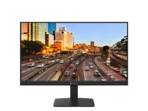 Der Monitor „CityView“ zeigt auf seinem Bildschirm eine Skyline mit hohen Gebäuden und einer belebten Autobahn bei Sonnenuntergang.
