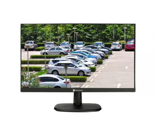 Produktbild eines Computermonitors, der eine Live-Ansicht eines Parkplatzes mit mehreren geparkten Autos und Bäumen im Hintergrund zeigt. Ideal zur Überwachung oder Parkplatzverwaltung.