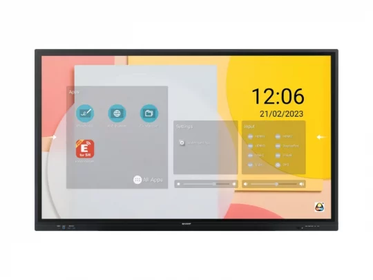 Das Produktbild zeigt das ViewSonic ViewBoard, ein großes interaktives Display mit farbigem Hintergrund. Auf dem Bildschirm sind Uhrzeit, Datum, ein Einstellungsmenü, App-Symbole und Auswahlmöglichkeiten für Eingangsquellen deutlich zu erkennen. Ideal für barrierefreien Zugang in Besprechungsräumen und Schulen.