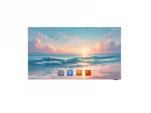 Unilumin UTV SC135 0,7 mm: Die 135-Zoll-LED-Wand zeigt einen Strand mit Wellen, Wolken und Vögeln. Auf dem Bildschirm sind die Uhrzeit 15:50 sowie App-Symbole am unteren Rand zu sehen.
