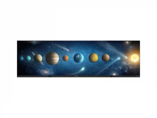 Poster „Sonnensystem“: Detailreiche Illustration mit der Sonne, acht Planeten und weiteren Himmelskörpern vor einem Sternenhimmel. Ideal für Bildungszwecke und zur Dekoration; alle wichtigen Objekte des Sonnensystems sind deutlich dargestellt.