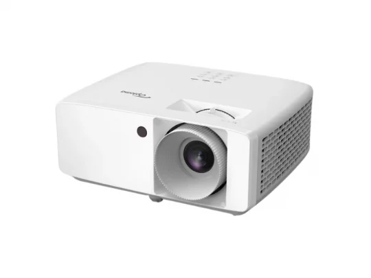 Canon-Multimedia-Projektor in Weiß mit großem Frontobjektiv, Lüftungsschlitzen an den Seiten und Bedientasten auf der Oberseite.