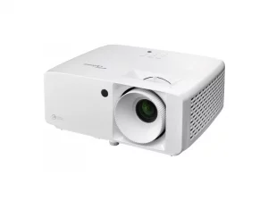 Weißer Multimedia-Beamer von BenQ mit großem Frontobjektiv, Lüftungsschlitzen und Bedientasten vor weißem Hintergrund.