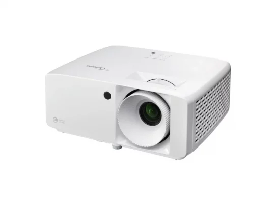 Weißer Multimedia-Beamer von BenQ mit großem Frontobjektiv, Lüftungsschlitzen und Bedientasten vor weißem Hintergrund.