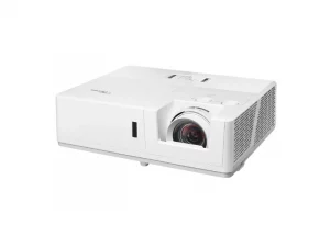 Epson-Beamer, weiß, mit seitlichen Lüftungsschlitzen, großer Frontlinse und Bedientasten oben auf weißem Hintergrund.