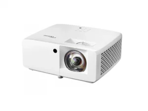 Epson-Beamer, weiß und rechteckig, mit großem Frontobjektiv, seitlicher Belüftung und Tasten oben auf weißem Hintergrund.