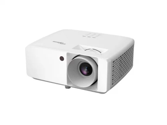 BenQ-Multimedia-Beamer in Weiß mit großem Objektiv, Lüftungsschlitzen und Bedientasten, vor weißem Hintergrund.
