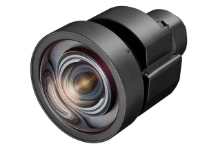 Weitwinkelobjektiv mit schwarzem Gehäuse, Detailansicht der Glaslinsen und spiegelnder Oberfläche – Produktfoto eines Kameraobjektivs.