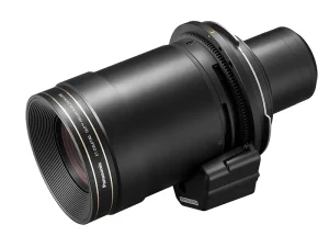 Panasonic-Kameraobjektiv in Schwarz mit goldfarbenem Rand, großer Frontlinse und montierter Halterung auf weißem Hintergrund.