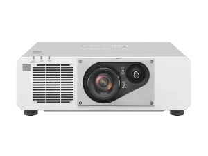 Epson-Beamer in Weiß, frontal abgebildet mit großem, zentral angeordnetem Objektiv, Bedienelementen, Lüftungsgitter links und Anzeigeleuchten oben. Ideal für Präsentationen und Heimkino.
