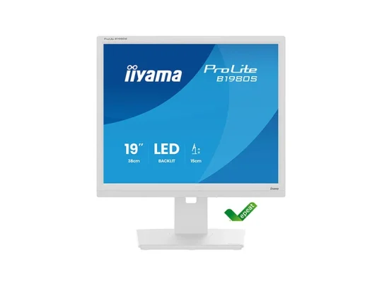 Iiyama ProLite B1980S LED-Monitor in Weiß, 19 Zoll, von vorne fotografiert; auf dem blauen Bildschirm sind die Modellbezeichnung und die technischen Daten zu sehen.