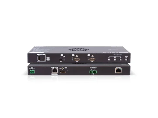 Das Produktbild zeigt ein schwarzes Media-Interface-Gerät mit HDMI-, Ethernet-, USB- und Steueranschlüssen, von vorne und hinten auf weißem Hintergrund abgebildet. Perfekt für Heimkino- oder Netzwerkanwendungen.