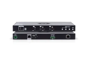 Zwei schwarze Netzwerk-Switches von [Produktname], übereinander gestapelt, mit gut sichtbaren Vorder- und Rückseiten. Zahlreiche Anschlüsse wie HDMI, USB, Ethernet und Audio sind deutlich erkennbar und beschriftet. Ideal für Barrierefreiheit: Das Bild zeigt deutlich die vielfältigen Anschlussmöglichkeiten der Geräte.
