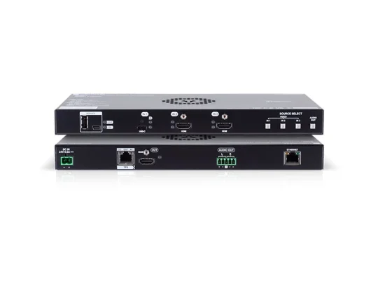 Zwei schwarze Netzwerk-Switches von [Produktname], übereinander gestapelt, mit gut sichtbaren Vorder- und Rückseiten. Zahlreiche Anschlüsse wie HDMI, USB, Ethernet und Audio sind deutlich erkennbar und beschriftet. Ideal für Barrierefreiheit: Das Bild zeigt deutlich die vielfältigen Anschlussmöglichkeiten der Geräte.