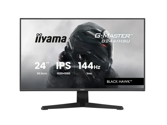 Der 24-Zoll-Monitor iiyama G-Master Black Hawk zeigt auf dem Bildschirm eine futuristische, gepanzerte Figur; die wichtigsten technischen Merkmale wie IPS-Panel, Full-HD-Auflösung (1920 × 1080), eine Bildwiederholrate von 144 Hz und eine Reaktionszeit von 1 ms werden hervorgehoben.