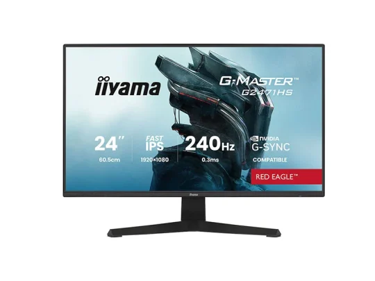 Der 24-Zoll-Gaming-Monitor „iiyama G-Master Red Eagle“ zeigt auf dem Bildschirm seine wichtigsten Produktmerkmale wie eine Bildwiederholfrequenz von 240 Hz, ein schnelles IPS-Panel, eine Reaktionszeit von 0,3 ms und NVIDIA G-Sync-Kompatibilität.