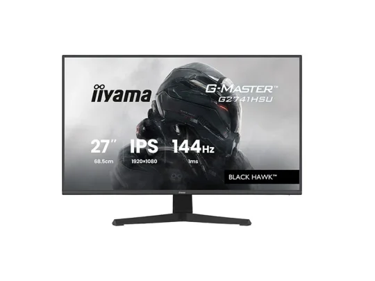 Der 27-Zoll-Gaming-Monitor „iiyama G-Master Black Hawk“ mit IPS-Display zeigt einen futuristischen Soldaten; auf dem Bild sind die technischen Daten – eine Auflösung von 1920 × 1080, eine Bildwiederholfrequenz von 144 Hz und eine Reaktionszeit von 1 ms – zu sehen.