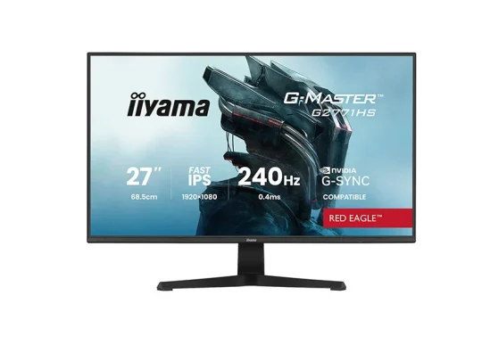 Iiyama G-Master Red Eagle 27-Zoll-Gaming-Monitor mit futuristischem Rüstungsdesign auf dem Bildschirm; technische Daten wie 1920 × 1080 Pixel, 240 Hz, NVIDIA G-Sync-Kompatibilität und Fast IPS sind zu sehen.
