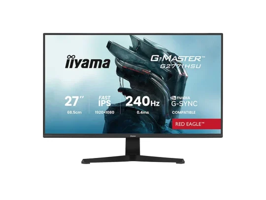 Der 27-Zoll-Gaming-Monitor iiyama G-Master Red Eagle zeigt auf dem Bildschirm seine technischen Daten wie Fast IPS, Full HD 1920x1080, eine Bildwiederholfrequenz von 240 Hz, eine Reaktionszeit von 0,4 ms und NVIDIA G-SYNC-Kompatibilität vor einem Science-Fiction-Hintergrund.