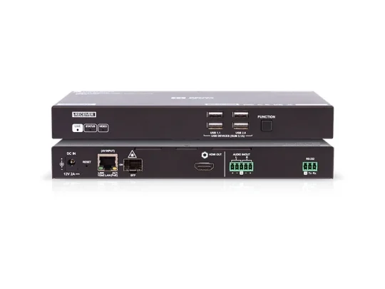 Auf dem Produktbild sind zwei übereinander gestapelte schwarze Industrie-Gateways zu sehen. Das vordere Gerät verfügt über USB-Anschlüsse, Tasten und deutlich beschriftete Anschlüsse. Am hinteren Gerät sind HDMI-, Ethernet-, Strom-, Audio- sowie grüne Klemmenanschlüsse zu sehen. Die Aufnahme zeigt die vielseitigen Anschlussmöglichkeiten der Industrie-Gateways für den professionellen Einsatz.