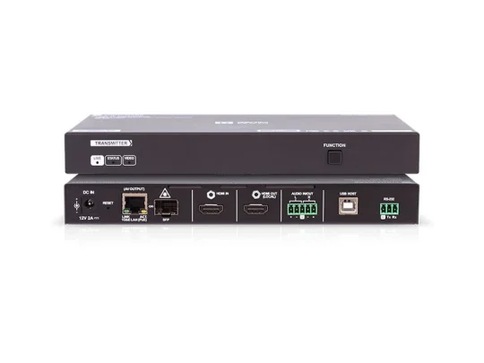 Zwei übereinandergestapelte schwarze Industrie-Medienkonverter mit Anschlüssen für DC IN, RESET, USB, LAN, RS-232, HDMI IN und OUT, AUDIO sowie USB HOST und Klemmenleisten. Produktbeschriftungen und Statusanzeigen sind auf der Vorderseite gut sichtbar.