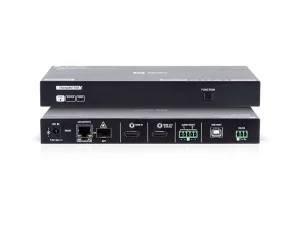 Zwei schwarze HDMI-Sender von [Produktname] sind übereinander gestapelt und verfügen an der Vorderseite über Anschlüsse für DC IN, LAN, SFP, HDMI IN, Audio In/Out, USB-Host sowie Klemmenblockstecker. Die ideale Lösung für die professionelle Audio-/Videoübertragung.