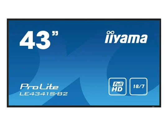 Auf einem blauen Bildschirm sind in weißer Schrift der Produktname „iiyama ProLite LE4341S-B2“ sowie die Eckdaten „43 Zoll, Full HD, 18/7“ zu sehen; das Bild wirbt für einen 43-Zoll-Monitor von iiyama.