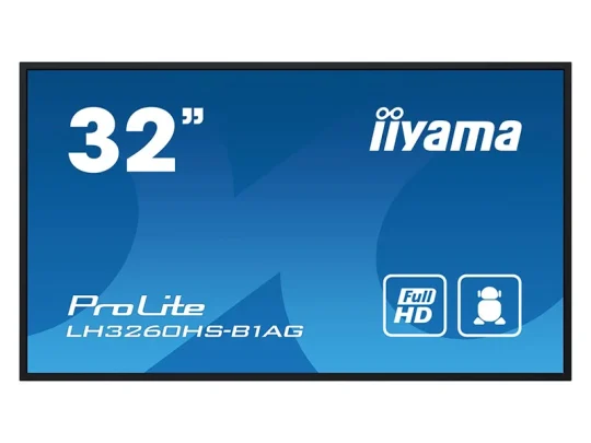 Iiyama ProLite LH3260HS-B1AG: Das Produktbild zeigt einen blauen Bildschirm mit der Aufschrift „32“, dem Modellnamen und Full-HD-Symbolen – ein 32-Zoll-Monitor mit Full-HD-Auflösung.