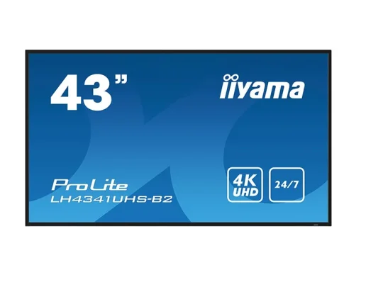 Das Produktbild zeigt einen 43-Zoll-Monitor der Serie iiyama ProLite, Modell LH4341UHS-B2, mit 4K-UHD-Auflösung für den Dauerbetrieb, vor einem blauen Hintergrund.