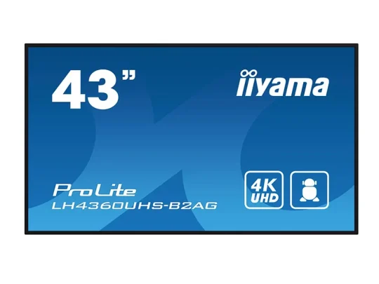 Iiyama ProLite LH4360UHS-B2AG Monitor, 43 Zoll, blau, von vorne gesehen mit gut lesbarer Modellbezeichnung und Symbolen für 4K-UHD-Auflösung sowie einem Benutzersymbol.