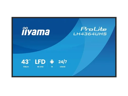 Iiyama ProLite LH4364UHS-Monitor mit 43 Zoll, 4K-UHD-Auflösung, LFD-Technologie und Android-Betriebssystem auf blauem Hintergrund mit Markenlogo; für den Dauerbetrieb (24/7) geeignet.