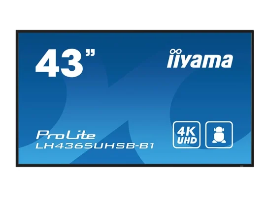 Iiyama ProLite LH4365UHSB-B1: 43-Zoll-Flachbildschirm, iiyama-Logo, 4K-UHD-Symbol und Piktogramm einer Person auf blauem Hintergrund.