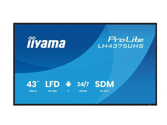 Iiyama ProLite LH4375UHS Monitor mit 43-Zoll-4K-UHD-Display auf blauem Hintergrund, geeignet für den Dauerbetrieb (24/7), ausgestattet mit Android und einem SDM-PC-Steckplatz.