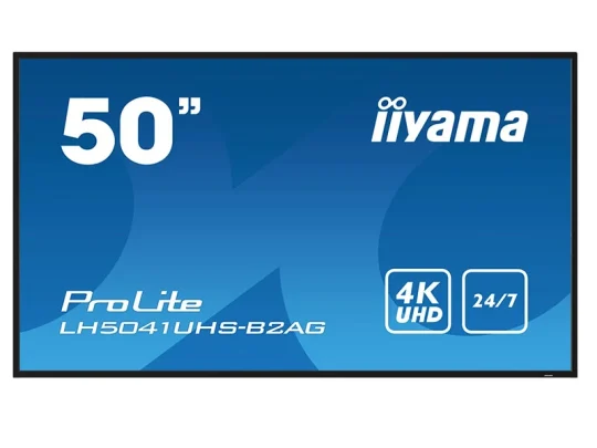 Iiyama ProLite LH5041UHS-B2AG: 50-Zoll-Display mit 4K-UHD-Auflösung, Symbolen für den 24/7-Betrieb und Modellcode auf blauem Hintergrund.