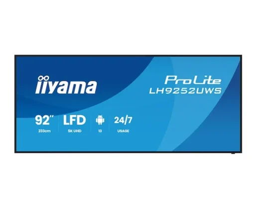 Das Produktbild zeigt das iiyama ProLite LH9252UWS-Display mit einer Bildschirmdiagonale von 92 Zoll, 5K-UHD-Auflösung und Android-Betriebssystem vor blauem Hintergrund. Die technischen Daten wie LFD-Technologie, 24/7-Betrieb und eine Diagonale von 233 cm sind deutlich zu erkennen.
