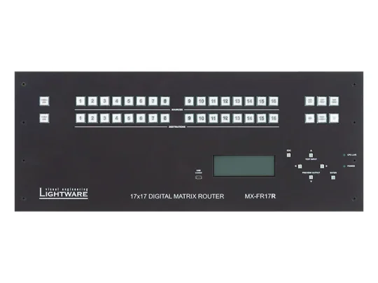 Digitaler Matrix-Router „Lightware MX-FR17R“ in der Vorderansicht, mit beschrifteten Tasten, Display und Bedienelementen; die Modellnummer ist unten rechts zu sehen.